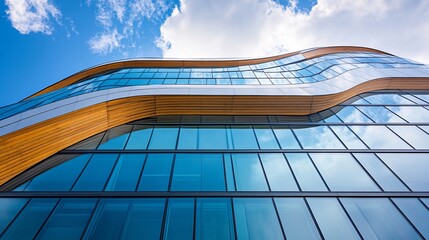 Fototapeta premium Modern glass building, city, blue sky, clouds, architecture, business
