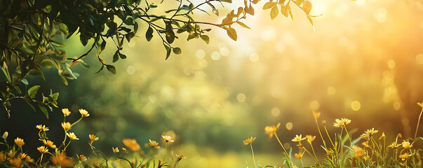Obraz premium Serene sunlight filtering through leafy branches over a blooming meadow