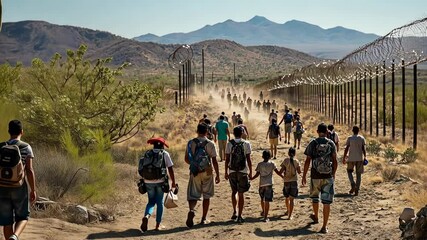Migration, humanitarian issues, displaced families, asylum, social struggle. Group of migrants walking through arid terrain near a border fence. Families with children carrying backpacks