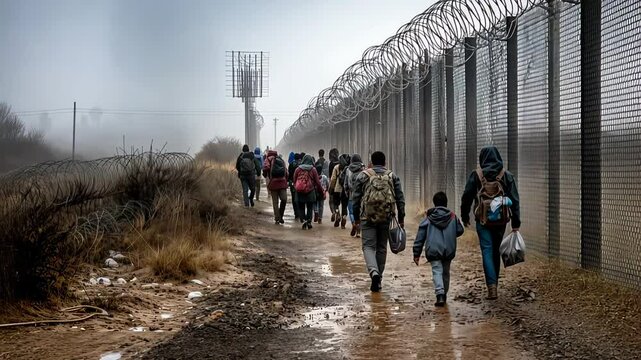 Group of migrants on a dangerous journey through a wet and desolate landscape. Seeking asylum and better opportunities.