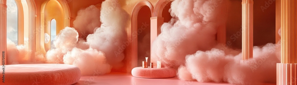 Aufkleber dreamy pink architecture filled with fluffy clouds and display products