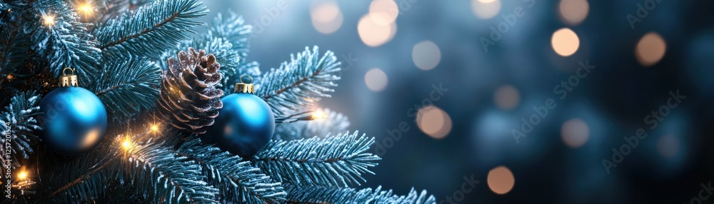 Poster decorated christmas tree branch with blue ornaments and string lights