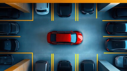 Aerial view of a red car in a crowded parking garage with yellow lines.