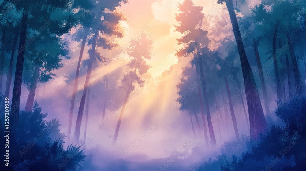 Poster sunlight filters through trees in misty forest illustration art