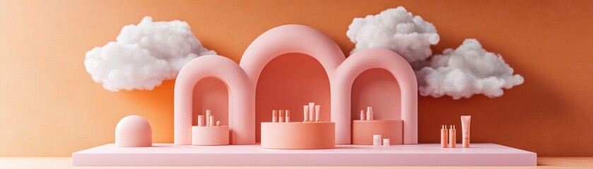 Cosmetic product display with arches and clouds background