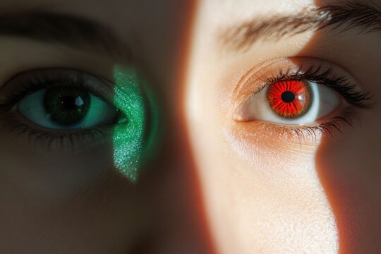 A striking close-up of a person's eyes, with one side reflecting green and the other glowing red, symbolizing colorblind perception