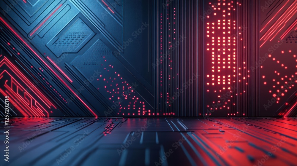 Poster Futuristic computer circuit board with red and blue led lights glowing in dark environment