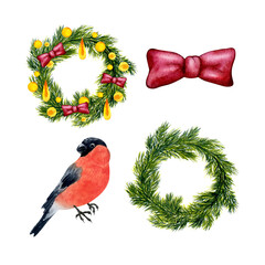 Coniferous Christmas holiday wreaths, bullfinch, red bow. Set of winter watercolor illustrations drawn by hand. Isolated on background. For decor, design, packaging, postcards, souvenirs, printing