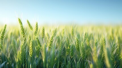 Obraz premium Young green wheat plants under a clear blue sky conveying a sense of growth