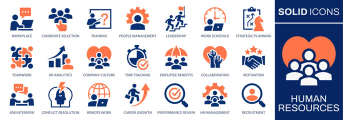 Human resources icons, such as recruitment, hr management, collaboration, teamwork and more. Vector illustration. Easily changes to any color.