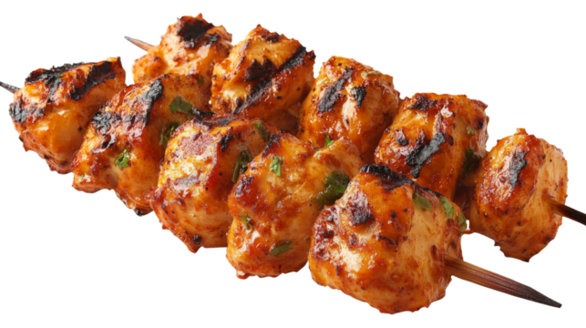 Delicious grilled chicken skewers with herbs on transparent background