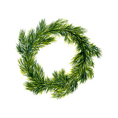 Coniferous Christmas festive wreath, frame. Winter watercolor illustration hand drawn. Isolated on background. For decor, design, packaging, postcards, souvenirs, printing
