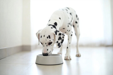 Dalmatian dog happily eating from a bowl on the floor in a bright, cheerful room filled with natural light from the window