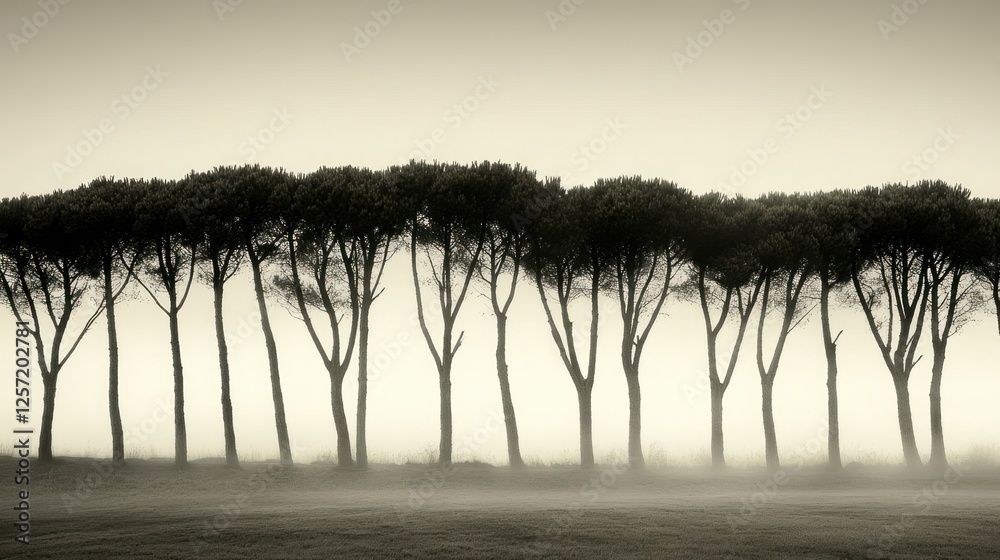 Poster a row of trees stands shrouded in early morning fog