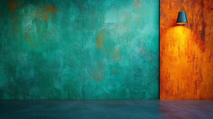 Vibrant turquoise and orange textured walls with a warm light fixture.