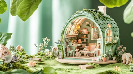 Charming miniature dollhouse adorned with lush greenery and whimsical details