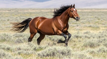 Obraz premium Powerful chestnut horse gallops gracefully across the arid grassy field
