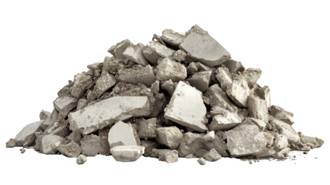 Pile of broken concrete pieces forming a mound on transparent background