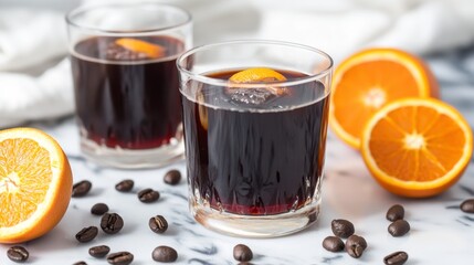 Indulge in a classic Negroni cocktail with a coffee twist! Made with dry gin, sweet vermouth, espresso, orange liqueur, and bitters, this dark red drink is perfect for sipping on a special occasion. 