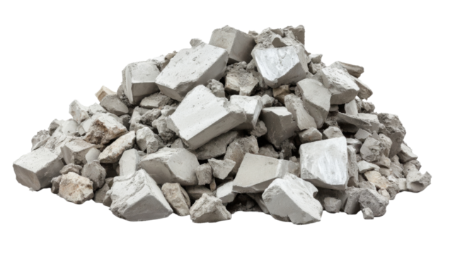 Pile of concrete debris with transparent background representing demolition and construction waste