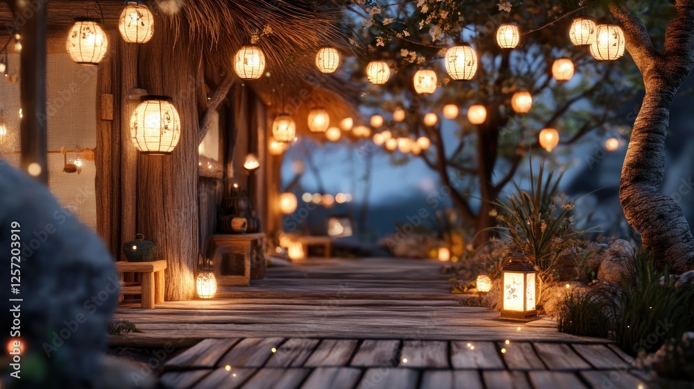 Aufkleber Glowing lanterns illuminate a rustic pathway leading to a building