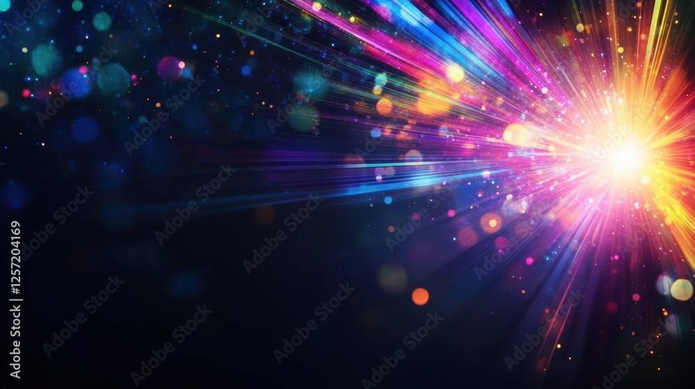 Poster bright explosion of light and stars in a dark cosmic background with vibrant colors and glowing effe