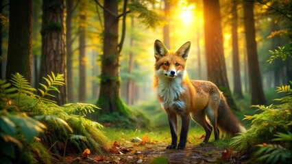 Majestic Red Fox in Lush Forest with Soft Morning Light