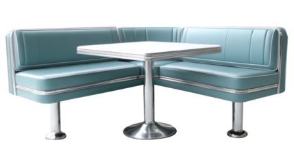Retro turquoise and white diner booth with square table on transparent background