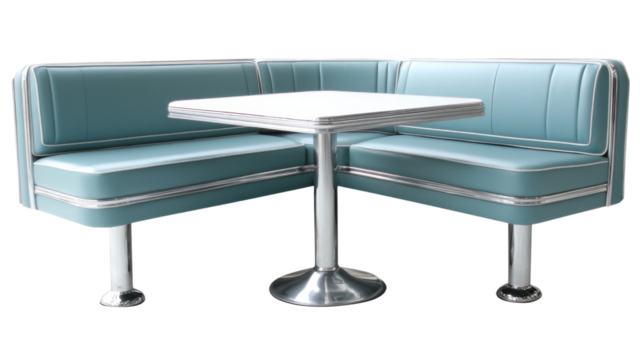 Retro turquoise and white diner booth with square table on transparent background - Powered by Adobe