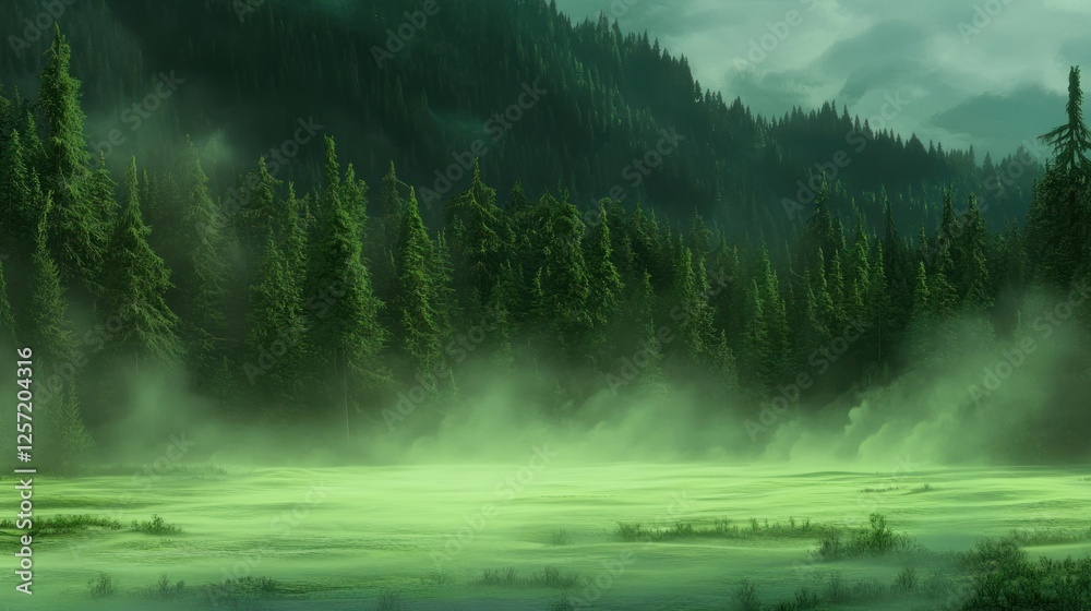 Poster forest and swamp landscape shrouded in misty fog and clouds