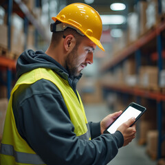 Warehouse Worker Using Digital Tablet for Inventory Management

