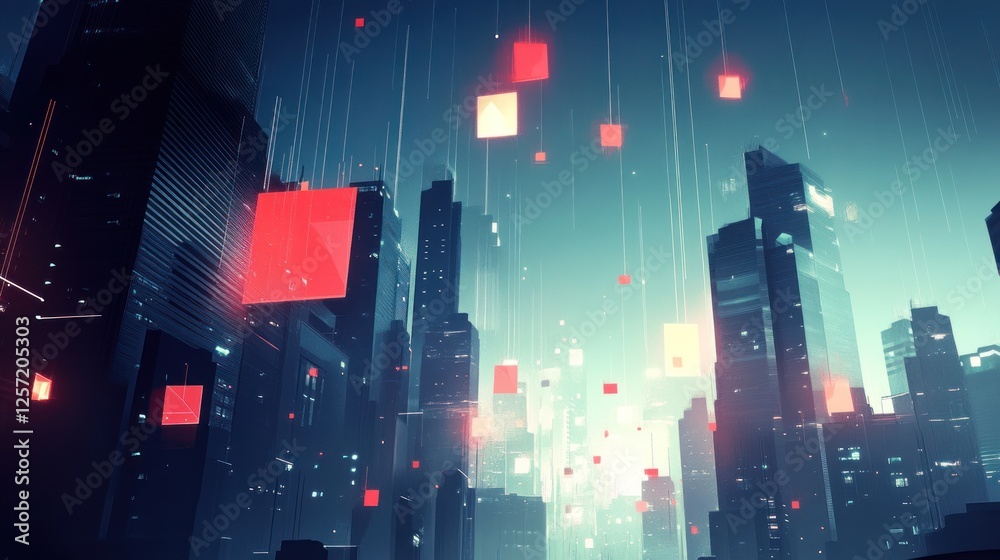 Aufkleber abstract futuristic cityscape with glowing data streams and geometric shapes