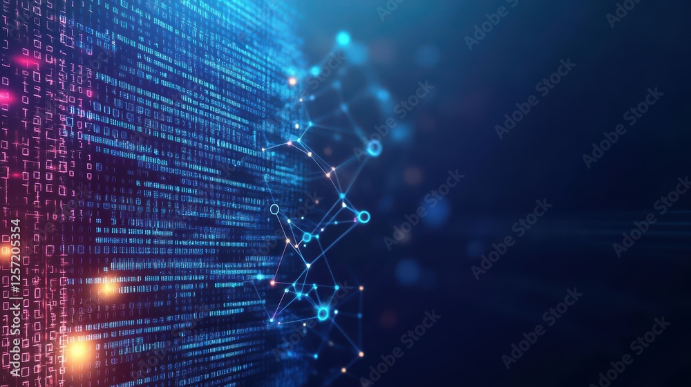 Poster Blue and red binary code on dark background for digital technology and programming concepts