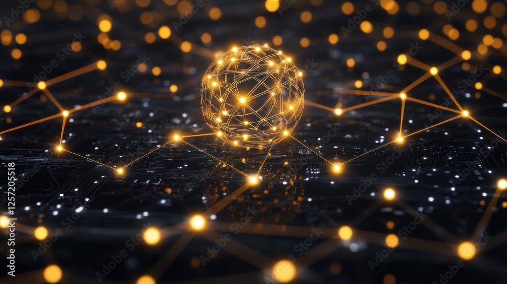 Poster Glowing network sphere rests on connected circuit board surface
