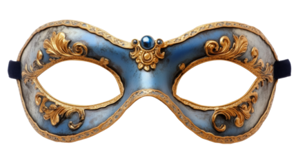 Elegant venetian carnival mask with gold decoration on transparent background