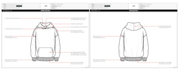 Men's Drop Shoulder Hoodie Fashion Design Technical Tech Pack. 