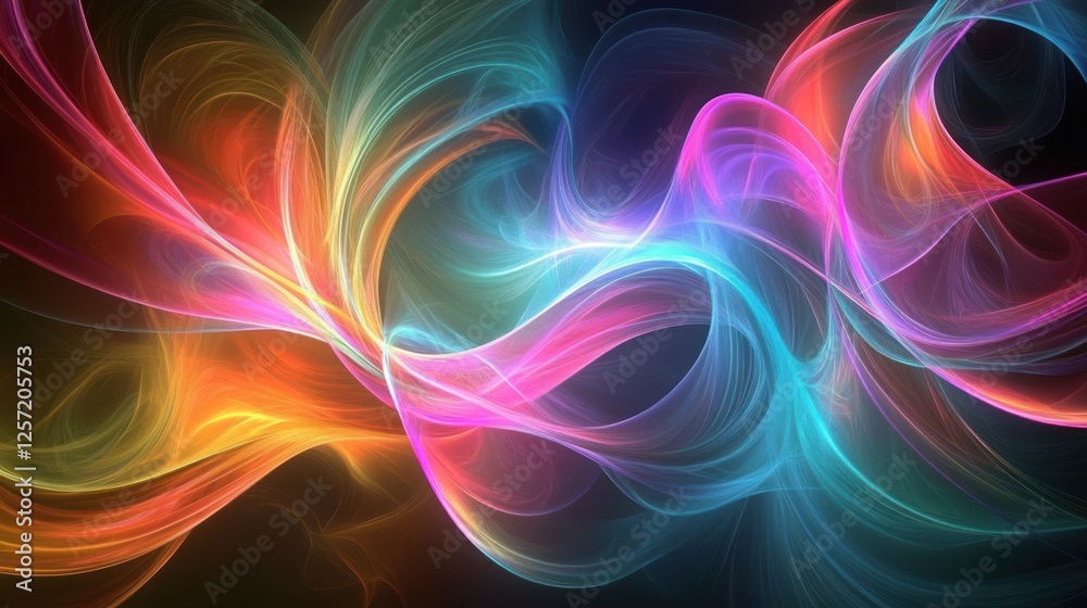 Poster Colorful abstract wave pattern flows gracefully across a dark backdrop