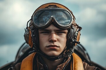 Young Pilot Wearing Vintage Flight Helmet and Goggles