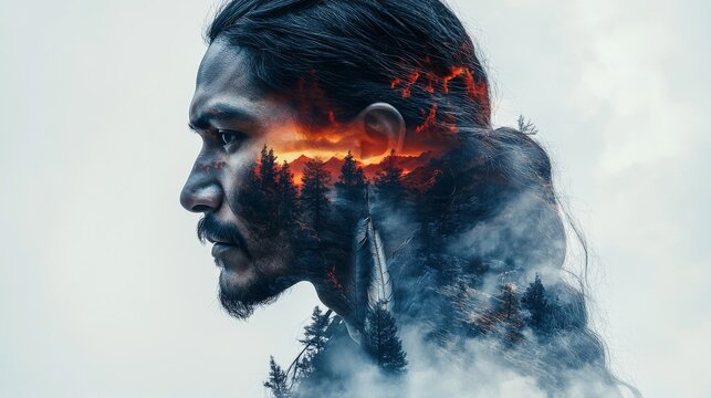 Double exposure of rugged mountains and thoughtful profile with forest and fire imagery