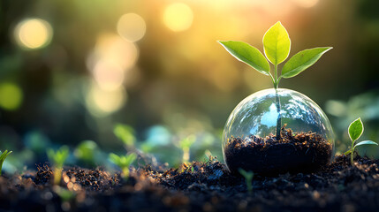 A young plant grows inside a glass globe, symbolizing nature's resilience and the importance of environmental protection