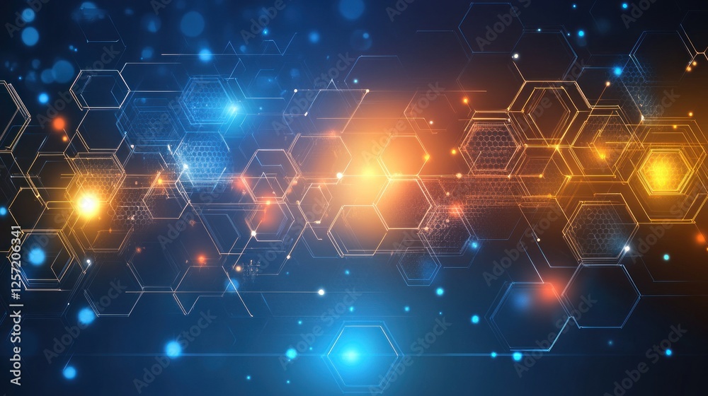 Poster Abstract technological network features interconnected hexagons and glowing nodes