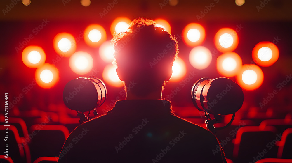 Poster a silhouette of a person stands in front of bright stage lights, suggesting a moment of anticipation