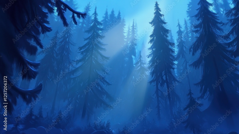 Poster deep blue pine trees bathed in ethereal light filter through fog