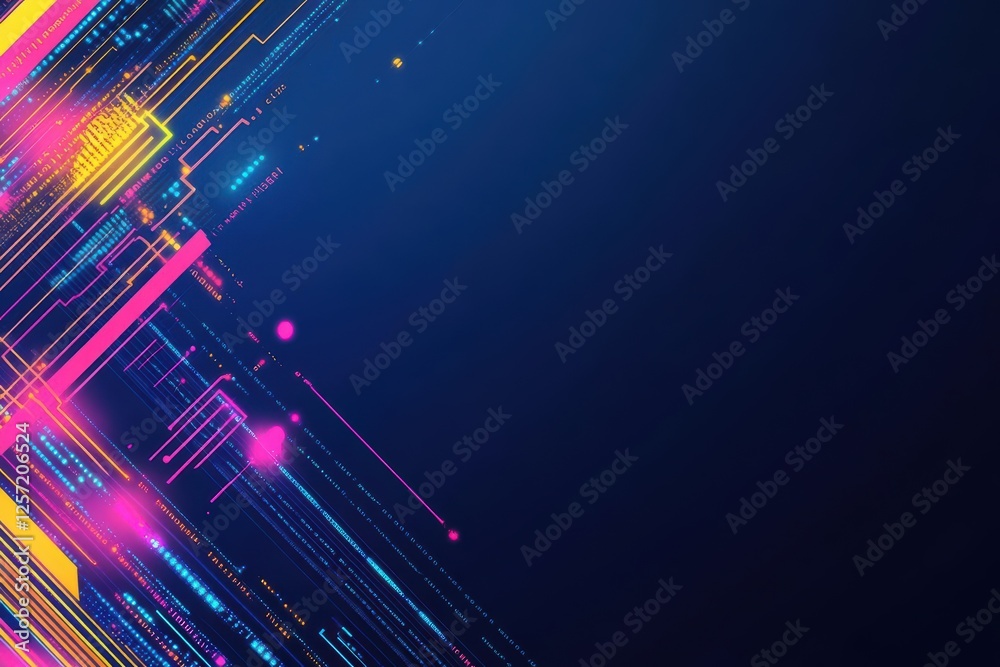 Poster Abstract technology background featuring colorful lines and dots in a dynamic pattern
