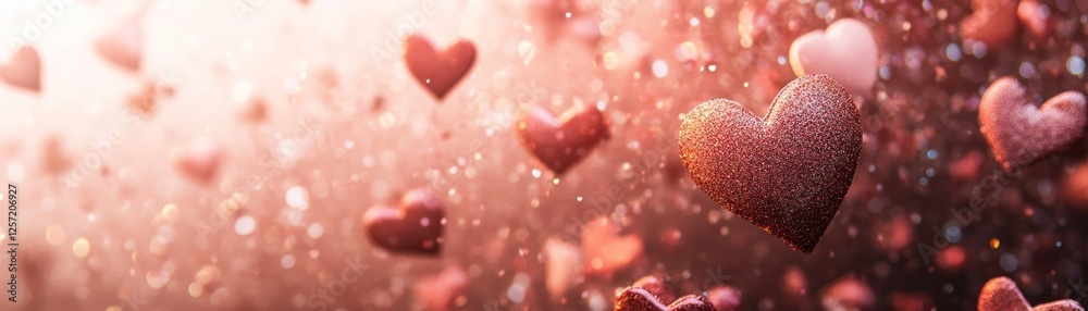 Poster hearts float amidst a bokeh of affection and romance