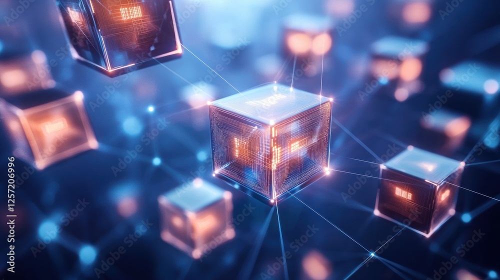 Poster futuristic digital cubes connected with blue lines in network