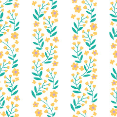 Vector seamless wreath flower pattern. Vertical stripes with small various stylized yellow flowers on a white background