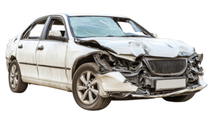 Damaged white sedan after a traffic collision, illustrating road safety issues