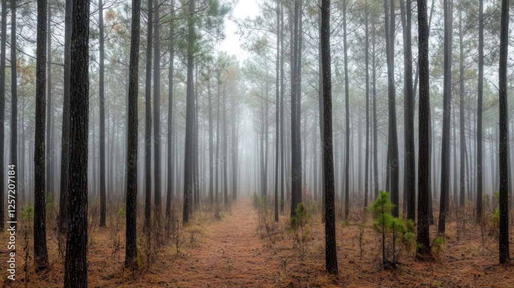 Poster fog hangs heavy over a forest of tall pine trees