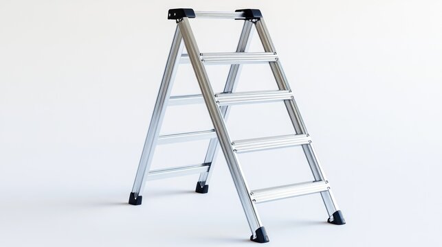 Folded metal stepladder on white background, home repair